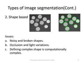 Types of Image segmentation(Cont.)
2. Shape based
Issues:
a. Noisy and broken shapes.
b. Occlusion and light variations.
c. Defining complex shape is computationally
complex.
11This example is taken from demo in matlab
 