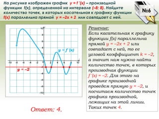 №6
На рисунке изображен график у = f ′(x) – производной
функции f(x), определенной на интервале (–8; 8). Найдите
количеств...