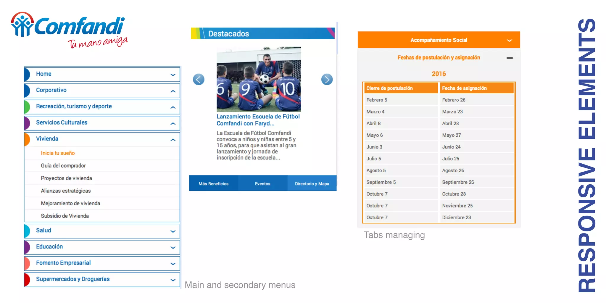 RESPONSIVEELEMENTS
Main and secondary menus
Tabs managing
 