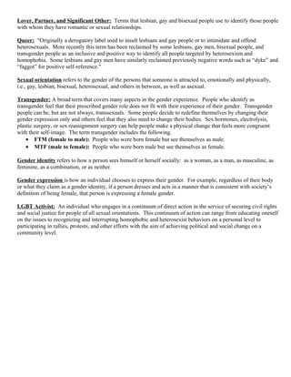 Lover, Partner, and Significant Other: Terms that lesbian, gay and bisexual people use to identify those people
with whom they have romantic or sexual relationships.
Queer: “Originally a derogatory label used to insult lesbians and gay people or to intimidate and offend
heterosexuals. More recently this term has been reclaimed by some lesbians, gay men, bisexual people, and
transgender people as an inclusive and positive way to identify all people targeted by heterosexism and
homophobia. Some lesbians and gay men have similarly reclaimed previously negative words such as “dyke” and
“faggot” for positive self-reference.”
Sexual orientation refers to the gender of the persons that someone is attracted to, emotionally and physically,
i.e., gay, lesbian, bisexual, heterosexual, and others in between, as well as asexual.
Transgender: A broad term that covers many aspects in the gender experience. People who identify as
transgender feel that their prescribed gender role does not fit with their experience of their gender. Transgender
people can be, but are not always, transsexuals. Some people decide to redefine themselves by changing their
gender expression only and others feel that they also need to change their bodies. Sex hormones, electrolysis,
plastic surgery, or sex reassignment surgery can help people make a physical change that feels more congruent
with their self-image. The term transgender includes the following.
• FTM (female to male): People who were born female but see themselves as male.
• MTF (male to female): People who were born male but see themselves as female.
Gender identity refers to how a person sees himself or herself socially: as a woman, as a man, as masculine, as
feminine, as a combination, or as neither.
Gender expression is how an individual chooses to express their gender. For example, regardless of their body
or what they claim as a gender identity, if a person dresses and acts in a manner that is consistent with society’s
definition of being female, that person is expressing a female gender.
LGBT Activist: An individual who engages in a continuum of direct action in the service of securing civil rights
and social justice for people of all sexual orientations. This continuum of action can range from educating oneself
on the issues to recognizing and interrupting homophobic and heterosexist behaviors on a personal level to
participating in rallies, protests, and other efforts with the aim of achieving political and social change on a
community level.
 