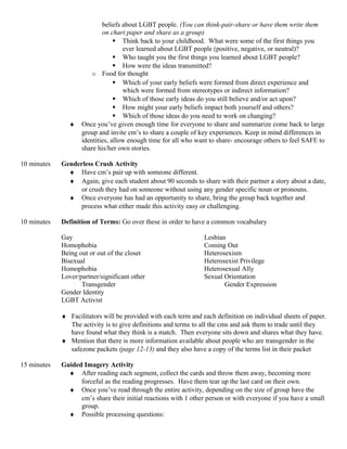 beliefs about LGBT people. (You can think-pair-share or have them write them
on chart paper and share as a group)
 Think back to your childhood. What were some of the first things you
ever learned about LGBT people (positive, negative, or neutral)?
 Who taught you the first things you learned about LGBT people?
 How were the ideas transmitted?
o Food for thought
 Which of your early beliefs were formed from direct experience and
which were formed from stereotypes or indirect information?
 Which of those early ideas do you still believe and/or act upon?
 How might your early beliefs impact both yourself and others?
 Which of those ideas do you need to work on changing?
♦ Once you’ve given enough time for everyone to share and summarize come back to large
group and invite cm’s to share a couple of key experiences. Keep in mind differences in
identities, allow enough time for all who want to share- encourage others to feel SAFE to
share his/her own stories.
10 minutes Genderless Crush Activity
♦ Have cm’s pair up with someone different.
♦ Again, give each student about 90 seconds to share with their partner a story about a date,
or crush they had on someone without using any gender specific noun or pronouns.
♦ Once everyone has had an opportunity to share, bring the group back together and
process what either made this activity easy or challenging.
10 minutes Definition of Terms: Go over these in order to have a common vocabulary
Gay Lesbian
Homophobia Coming Out
Being out or out of the closet Heterosexism
Bisexual Heterosexist Privilege
Homophobia Heterosexual Ally
Lover/partner/significant other Sexual Orientation
Transgender Gender Expression
Gender Identity
LGBT Activist
♦ Facilitators will be provided with each term and each definition on individual sheets of paper.
The activity is to give definitions and terms to all the cms and ask them to trade until they
have found what they think is a match. Then everyone sits down and shares what they have.
♦ Mention that there is more information available about people who are transgender in the
safezone packets (page 12-13) and they also have a copy of the terms list in their packet
15 minutes Guided Imagery Activity
♦ After reading each segment, collect the cards and throw them away, becoming more
forceful as the reading progresses. Have them tear up the last card on their own.
♦ Once you’ve read through the entire activity, depending on the size of group have the
cm’s share their initial reactions with 1 other person or with everyone if you have a small
group.
♦ Possible processing questions:
 