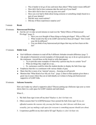 o Was it harder to let go of one card more than others? What made it more difficult?
o How did it feel to have someone take the card out of your hand?
o How did it feel to have to tear up your own card?
o Have you ever had to think about losing someone or something simply based on a
part of your identity?
o Did this story seem realistic?
o Did any of these experiences surprise you?
5 minute Break
10 minutes Heterosexual Privilege
♦ Ask the cm’s to take several minutes to read over the “Daily Effects of Heterosexual
Privilege” (page 5)
o Have you ever thought of these things as being privileges? Why or Why not?
o What would it be like to be LGBT and not have these privileges? How would
your life be different?
o Can you think of any heterosexual privileges that may not have been on this
list?
15 minutes Riddle Scale
♦ Get 8 different volunteers to read off the 8 different Attitudes towards difference (page 7)
♦ Ask people to brainstorm several examples of what people may say or do at a given point on
the continuum. (record these on the board or with chart paper)
o Try to provide some examples of when/why a person may be at a certain “level”
o What are things they might do or say…
o Ex. nurturance could be when the student decides to display the Safe Zone sign
♦ Emphasize that this is a continuum with various shades of gray
♦ Share that this is more of an ‘internal’ process…focusing on self growth
♦ Mention that “What Kind of an Ally are You” (page 2) sheet in their packets gives them a
great way to asses where they are at individually as it relates to being anti-heterosexist/
supportive of LGBT folks
10 minutes Safezone Scenarios
How can I make my school a supportive place? Discuss putting up a Safezone sign your cy room
shows that it is a safe space for LGBT students and individuals.
What if…
1. My Safe Zone sign is torn off my door? Replace it, don’t let hate win.
2. Others assume that I’m LGBTQ because I have posted the Safe Zone sign? If you are
offended examine the reasons why you may feel that way, don’t discuss with them your
sexuality, just say making a safe space for everyone is something anyone should care about.
3. I experience graffiti on my door and/or SZ sign? Replace it, don’t let hate win.
 