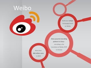 Weibo
Build your unique
homepage brand
on Weibo
Most powerful microblog
platform in China –
microblog is the
translation of Weibo 微博
in Chinese
More than
400 million users
in 2015
 