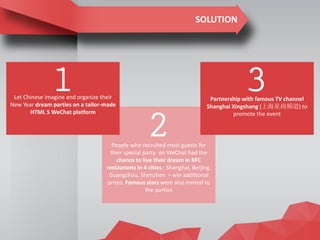 SOLUTIONSOLUTION
Let Chinese imagine and organize their
New Year dream parties on a tailor-made
HTML 5 WeChat platform
People who recruited most guests for
their special party on WeChat had the
chance to live their dream in KFC
restaurants in 4 cities : Shanghai, Beijing,
Guangzhou, Shenzhen + win additional
prizes. Famous stars were also invited to
the parties
Partnership with famous TV channel
Shanghai Xingshang (上海星尚频道) to
promote the event
 
