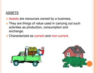 ASSETS
 Assets are resources owned by a business.
 They are things of value used in carrying out such
activities as production, consumption and
exchange.
 Characterized as current and non-current.
 