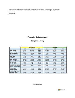 recognition and enormous size to utilize its competitive advantages to grow its
company.
	
	
Financial Ratio Analysis
Comparison: Sony
Collaborators	
 