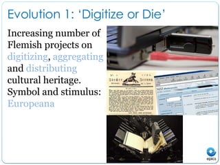 Evolution 1: ‘Digitize or Die’Increasing number of Flemish projects on digitizing, aggregating and distributing cultural heritage.Symbol and stimulus: Europeana