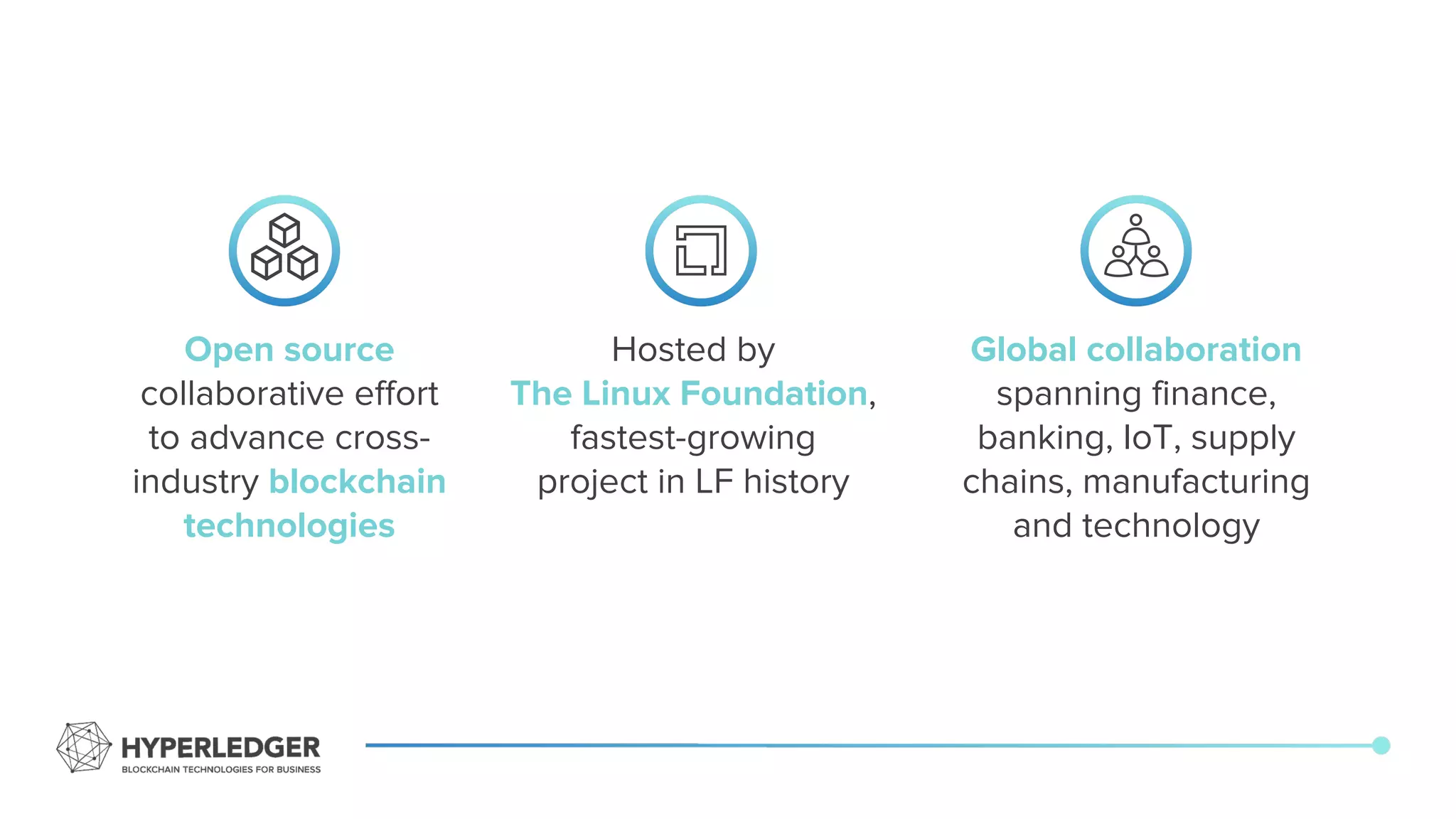 Open source
collaborative effort
to advance cross-
industry blockchain
technologies
Hosted by
The Linux Foundation,
fastest-growing
project in LF history
Global collaboration
spanning finance,
banking, IoT, supply
chains, manufacturing
and technology
 