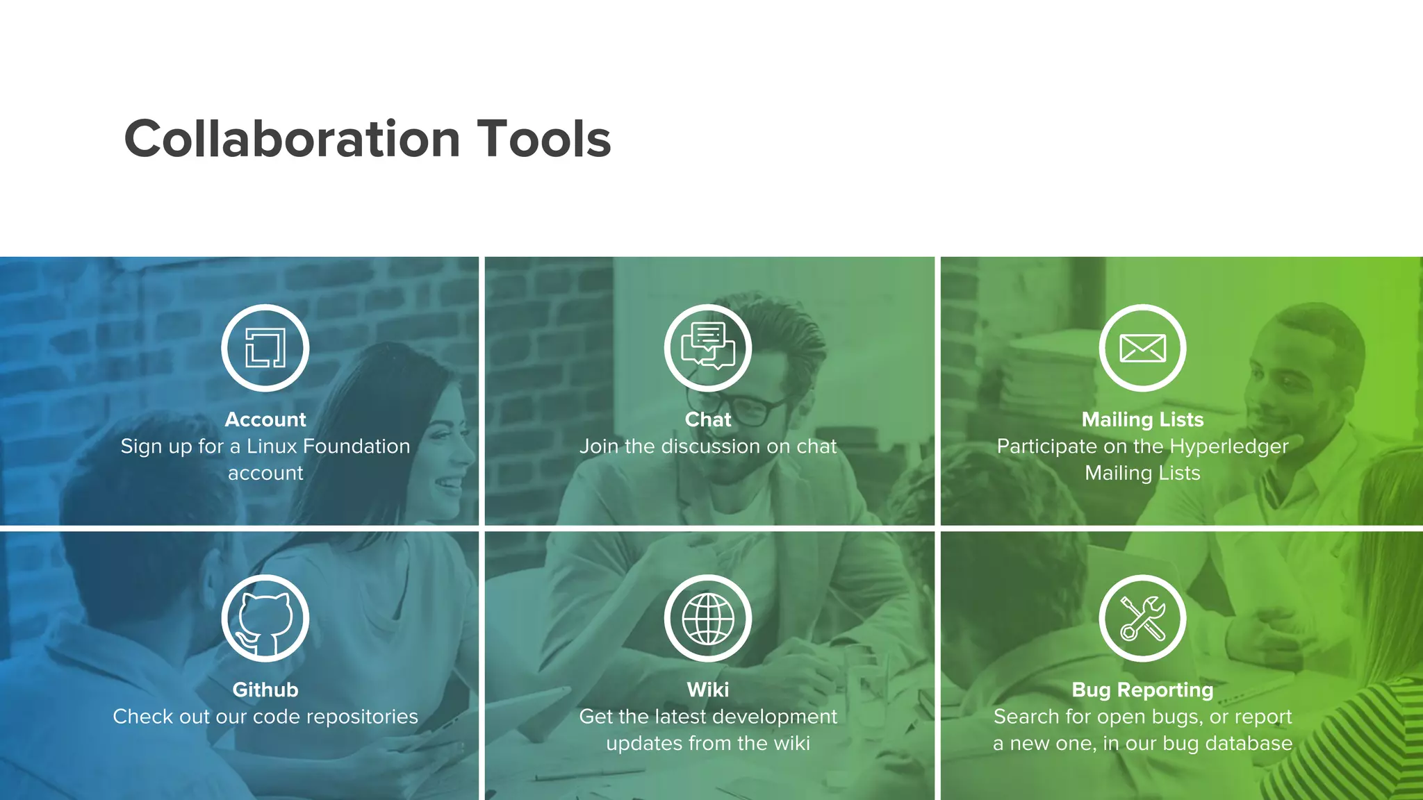 Collaboration Tools
Account
Sign up for a Linux Foundation
account
Mailing Lists
Participate on the Hyperledger
Mailing Lists
Github
Check out our code repositories
Bug Reporting
Search for open bugs, or report
a new one, in our bug database
Chat
Join the discussion on chat
Wiki
Get the latest development
updates from the wiki
 