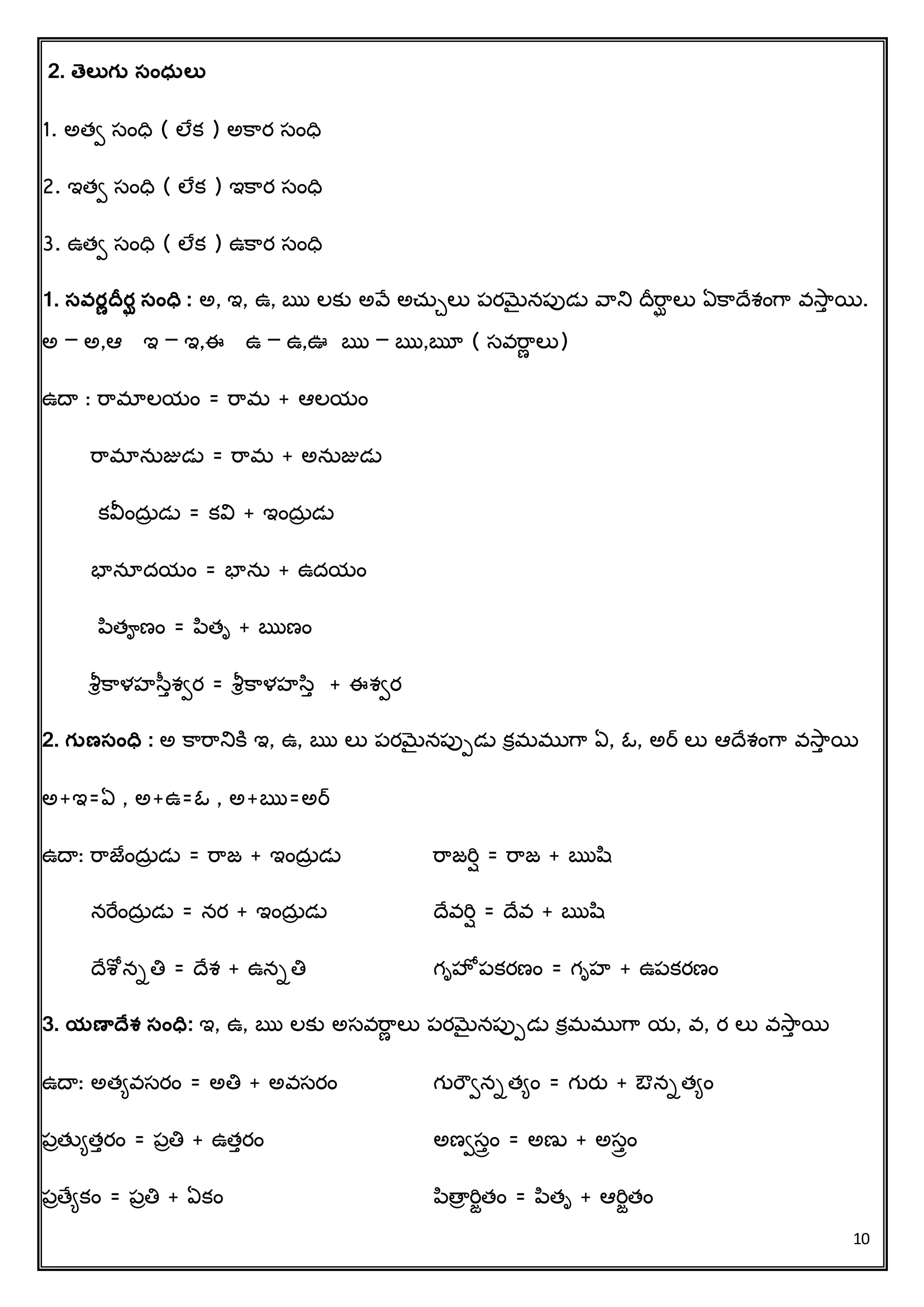 10
2. త్ెలతగు సంధసలత
1. అత్ి సింధవ ( లేక ) అక్రర సింధవ
2. ఇత్ి సింధవ ( లేక ) ఇక్రర సింధవ
3. ఉత్ి సింధవ ( లేక ) ఉక్రర సింధవ
1. సవ్ర్ణద్ీర్ఘ సంధవ : అ, ఇ, ఉ, ఋ లకు అవే అచ్ుేలు పరమెైనపుడు వరని దీరరఘ లు ఏక్రదచశింగర వసరు యి.
అ – అ,ఆ ఇ – ఇ,ఈ ఉ – ఉ,ఊ ఋ – ఋ,ౠ ( సవరరణ లు)
ఉదా : రరమాలయిం = రరమ + ఆలయిం
రరమానుజుడు = రరమ + అనుజుడు
కవీిందుా డు = కవి + ఇిందుా డు
భానూదయిం = భాను + ఉదయిం
పత్ౄణిం = పత్ృ + ఋణిం
శీరక్రళహసుశిర = శీరక్రళహసు + ఈశిర
2. గుణసంధవ : అ క్రరరనిక్ి ఇ, ఉ, ఋ లు పరమెైనపుపడు కరమముగర ఏ, ఓ, అర్ లు ఆదచశింగర వసరు యి
అ+ఇ=ఏ , అ+ఉ=ఓ , అ+ఋ=అర్
ఉదా: రరజేిందుా డు = రరజ + ఇిందుా డు రరజరిష = రరజ + ఋష
నరేిందుా డు = నర + ఇిందుా డు దచవరిష = దచవ + ఋష
దచశ్ోనాతి = దచశ + ఉనాతి గృహో పకరణిం = గృహ + ఉపకరణిం
3. యణవద్ేశ సంధవ: ఇ, ఉ, ఋ లకు అసవరరణ లు పరమెైనపుపడు కరమముగర య, వ, ర లు వసరు యి
ఉదా: అత్ివసరిం = అతి + అవసరిం గురౌినాత్ిిం = గురత + ఔనాత్ిిం
పాత్తిత్ురిం = పాతి + ఉత్ురిం అణిసుీిం = అణు + అసుీిం
పాతచికిం = పాతి + ఏకిం పతాా రిిత్ిం = పత్ృ + ఆరిిత్ిం
 
