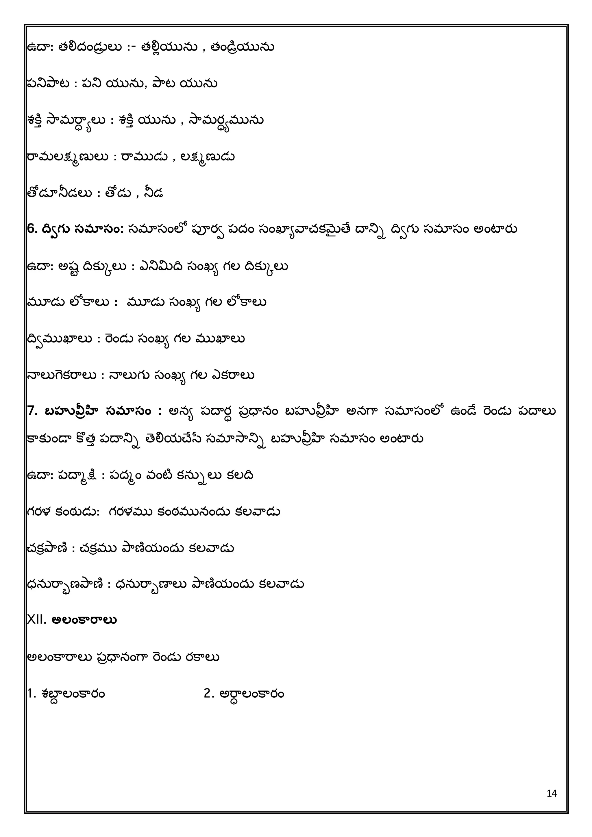 14
ఉదా: త్లిదిండుా లు :- త్లిేయును , త్ిండిాయును
పనిప్రట : పని యును, ప్రట యును
శక్ిు సరమరర్ యలు : శక్ిు యును , సరమర్యమును
రరమలక్షమణులు : రరముడు , లక్షమణుడు
తోడూనీడలు : తోడు , నీడ
6. ద్విగు సమాసం: సమాసింలో పూరి పదిం సింఖాివరచ్కమెైతచ దానిా దవిగు సమాసిం అింటారత
ఉదా: అషట దవకుకలు : ఎనిమిదవ సింఖి గల దవకుకలు
మూడు లోక్రలు : మూడు సింఖి గల లోక్రలు
దవిముఖాలు : రెిండు సింఖి గల ముఖాలు
న్ాలుగెకరరలు : న్ాలుగు సింఖి గల ఎకరరలు
7. బహువ్రరహి సమాసం : అని పదారథ పాధానిం బహువీాహి అనగర సమాసింలో ఉిండచ రెిండు పదాలు
క్రకుిండా క్ొత్ు పదానిా తలియచ్చసే సమాసరనిా బహువీాహి సమాసిం అింటారత
ఉదా: పదామక్షి : పదమిం వింటి కనుాలు కలదవ
గరళ కింఠతడు: గరళము కింఠమునిందు కలవరడు
చ్కరప్రణ : చ్కరము ప్రణయిందు కలవరడు
ధనురరాణప్రణ : ధనురరుణాలు ప్రణయిందు కలవరడు
XII. అలంకారాలత
అలింక్రరరలు పాధానింగర రెిండు రక్రలు
1. శబాద లింక్రరిం 2. అరర్ లింక్రరిం
 