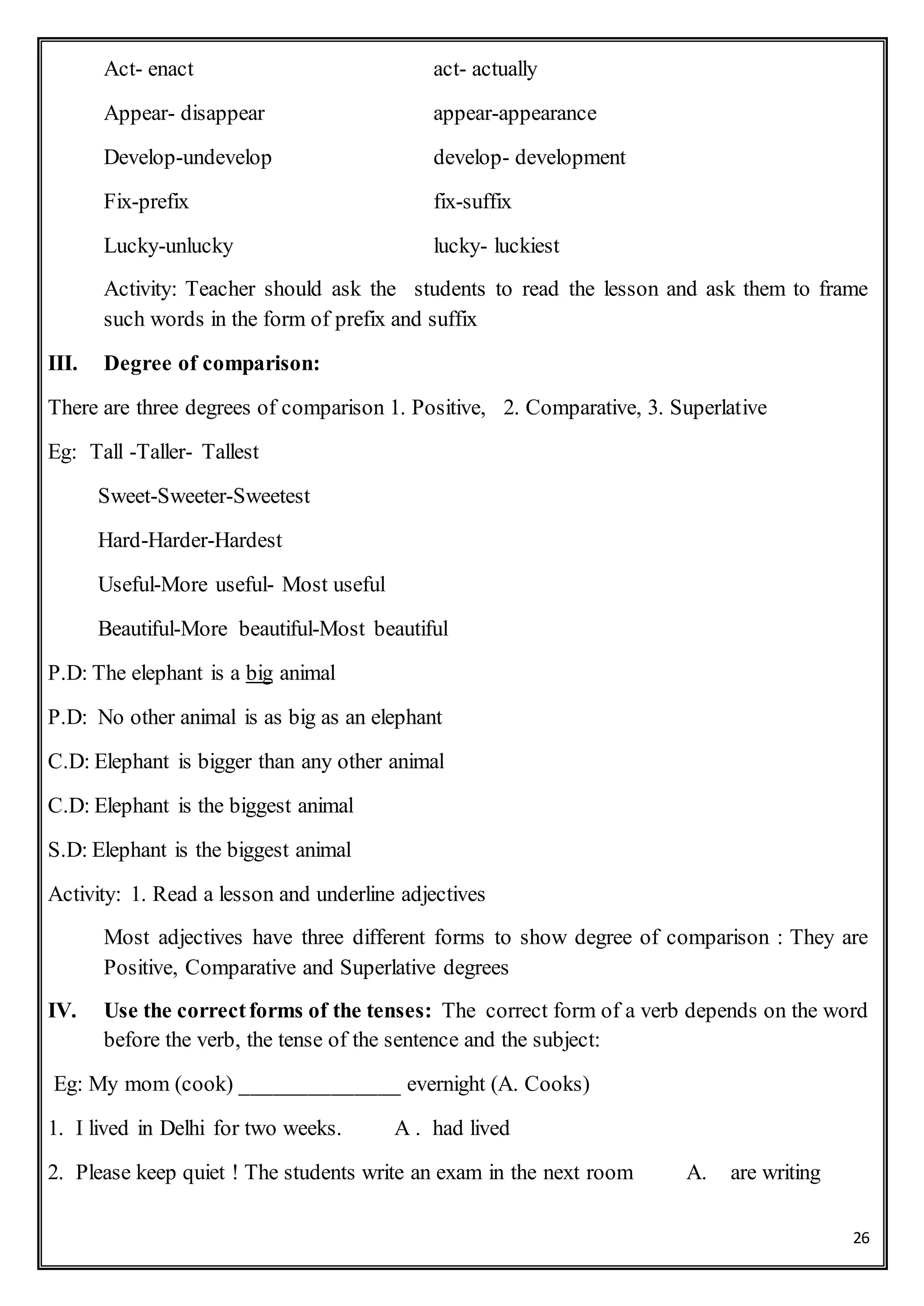 26
Act- enact act- actually
Appear- disappear appear-appearance
Develop-undevelop develop- development
Fix-prefix fix-suffix
Lucky-unlucky lucky- luckiest
Activity: Teacher should ask the students to read the lesson and ask them to frame
such words in the form of prefix and suffix
III. Degree of comparison:
There are three degrees of comparison 1. Positive, 2. Comparative, 3. Superlative
Eg: Tall -Taller- Tallest
Sweet-Sweeter-Sweetest
Hard-Harder-Hardest
Useful-More useful- Most useful
Beautiful-More beautiful-Most beautiful
P.D: The elephant is a big animal
P.D: No other animal is as big as an elephant
C.D: Elephant is bigger than any other animal
C.D: Elephant is the biggest animal
S.D: Elephant is the biggest animal
Activity: 1. Read a lesson and underline adjectives
Most adjectives have three different forms to show degree of comparison : They are
Positive, Comparative and Superlative degrees
IV. Use the correctforms of the tenses: The correct form of a verb depends on the word
before the verb, the tense of the sentence and the subject:
Eg: My mom (cook) ______________ evernight (A. Cooks)
1. I lived in Delhi for two weeks. A . had lived
2. Please keep quiet ! The students write an exam in the next room A. are writing
 