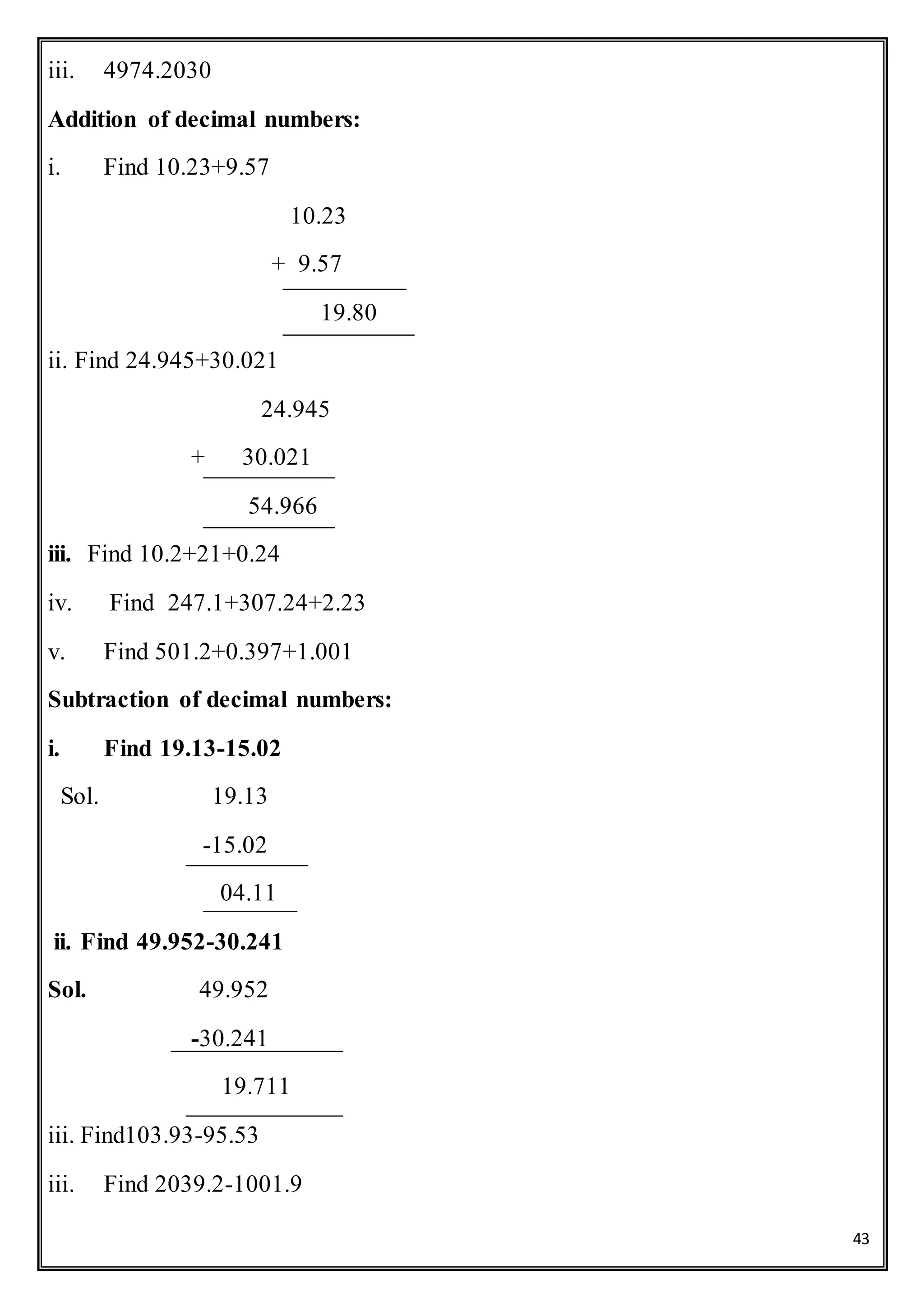 43
iii. 4974.2030
Addition of decimal numbers:
i. Find 10.23+9.57
10.23
+ 9.57
19.80
ii. Find 24.945+30.021
24.945
+ 30.021
54.966
iii. Find 10.2+21+0.24
iv. Find 247.1+307.24+2.23
v. Find 501.2+0.397+1.001
Subtraction of decimal numbers:
i. Find 19.13-15.02
Sol. 19.13
-15.02
04.11
ii. Find 49.952-30.241
Sol. 49.952
-30.241
19.711
iii. Find103.93-95.53
iii. Find 2039.2-1001.9
 