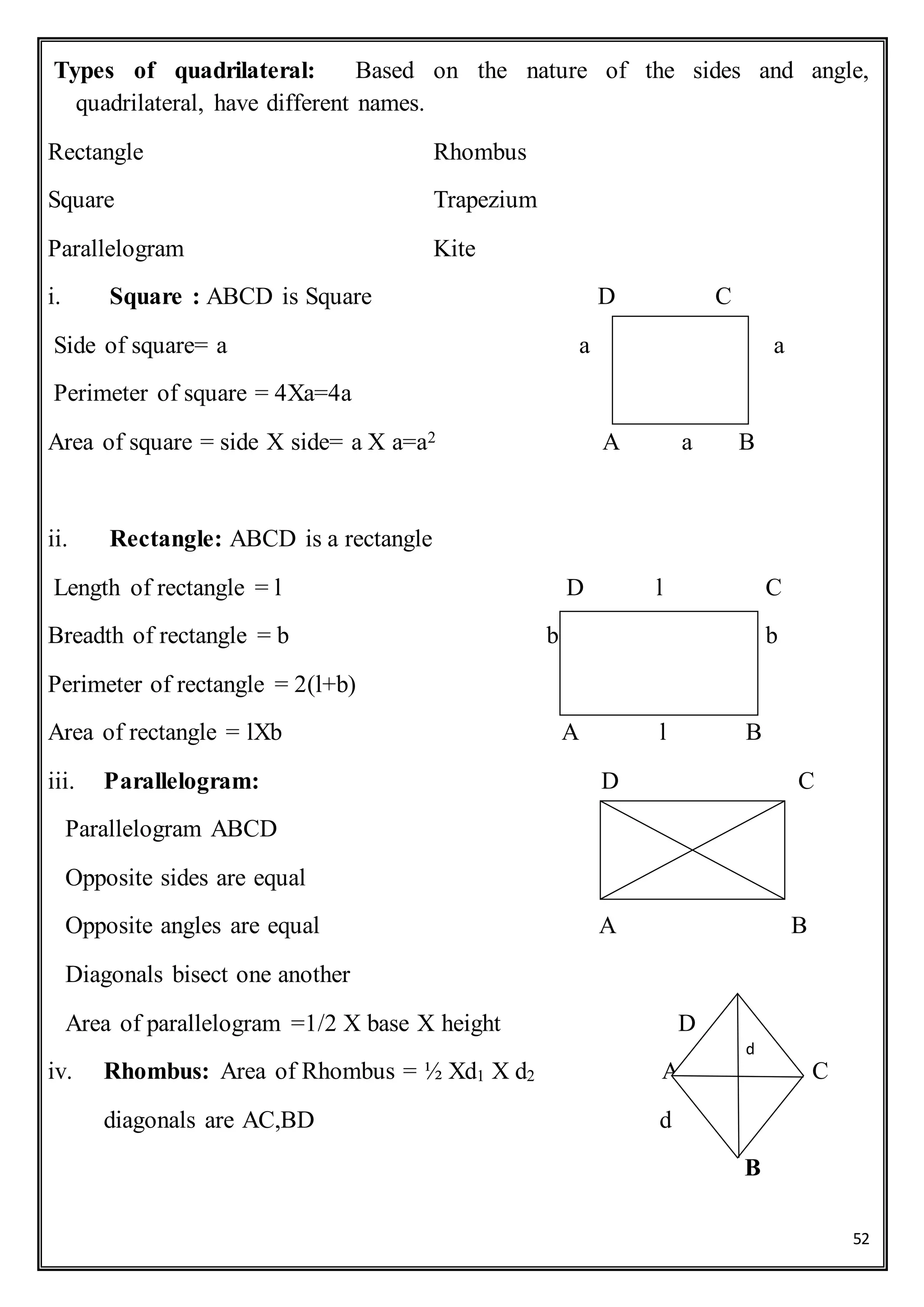 52
Types of quadrilateral: Based on the nature of the sides and angle,
quadrilateral, have different names.
Rectangle Rhombus
Square Trapezium
Parallelogram Kite
i. Square : ABCD is Square D C
Side of square= a a a
Perimeter of square = 4Xa=4a
Area of square = side X side= a X a=a2 A a B
ii. Rectangle: ABCD is a rectangle
Length of rectangle = l D l C
Breadth of rectangle = b b b
Perimeter of rectangle = 2(l+b)
Area of rectangle = lXb A l B
iii. Parallelogram: D C
Parallelogram ABCD
Opposite sides are equal
Opposite angles are equal A B
Diagonals bisect one another
Area of parallelogram =1/2 X base X height D
iv. Rhombus: Area of Rhombus = ½ Xd1 X d2 A C
diagonals are AC,BD d
B
d
 