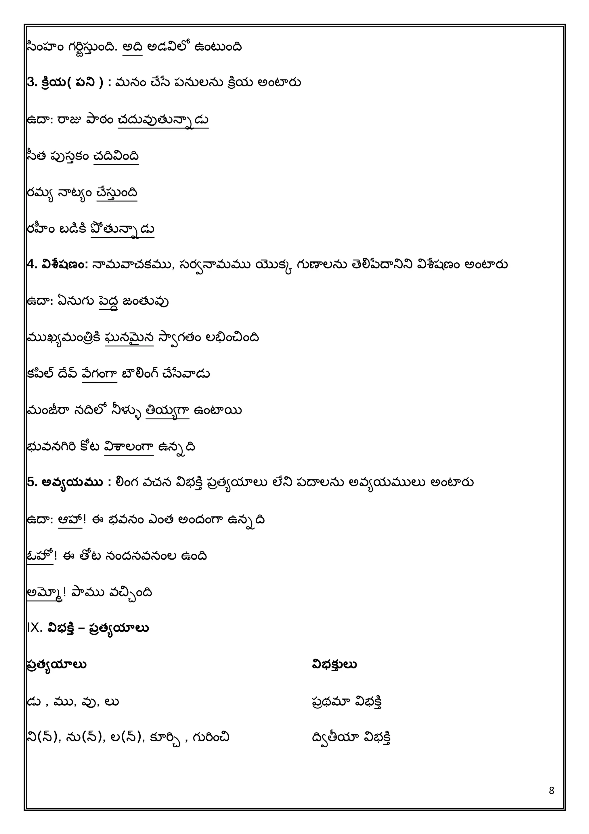 8
సింహిం గరిిసుు ిందవ. అదవ అడవిలో ఉింటుిందవ
3. కరియ( పని ) : మనిం చ్చసే పనులను క్ిరయ అింటారత
ఉదా: రరజు ప్రఠిం చ్దువుత్తన్ాాడు
సత్ పుసుకిం చ్దవవిిందవ
రమి న్ాటిిం చ్చసుు ిందవ
రహీిం బడిక్ి ప్ో త్తన్ాాడు
4. విశ్లషణం: న్ామవరచ్కము, సరిన్ామము యొకక గుణాలను తలిపేదానిని విశ్లషణిం అింటారత
ఉదా: ఏనుగు పెదద జింత్తవు
ముఖిమింతిాక్ి ఘనమెైన సరిగత్ిం లభిించిిందవ
కపల్ దచవ్ వేగింగర బౌలిింగ్ చ్చసేవరడు
మింజీరర నదవలో నీళుళ తియిగర ఉింటాయి
భువనగిరి క్ోట విశ్రలింగర ఉనాదవ
5. అవ్యయము : లిింగ వచ్న విభక్ిు పాత్ియాలు లేని పదాలను అవియములు అింటారత
ఉదా: ఆహా! ఈ భవనిం ఎింత్ అిందింగర ఉనాదవ
ఓహో ! ఈ తోట నిందనవనింల ఉిందవ
అమోమ! ప్రము వచిేిందవ
IX. విభకరు – పరత్యయాలత
పరత్యయాలత విభక్తు లత
డు , ము, వు, లు పాథమా విభక్ిు
ని(న్), ను(న్), ల(న్), కూరిే , గురిించి దవితీయా విభక్ిు
 