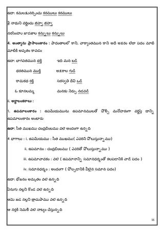 16
ఉదా: కమలక్షునరిేించ్ు కరములు కరములు
శీర న్ాథుని వరిణించ్ు జిహి జిహి
నరసింహు జూడజాల కనుాలు కనుాలు
4. అంత్వయనస ప్ార సాలంకార్ం : ప్రదింతాలలో క్రని, వరక్రిింత్మున క్రని అదచ అక్షరిం లేదా పదిం మాటి
మాటిక్ి ఆవృత్ిం క్రవడిం
ఉదా: భాగవత్మున భక్ిు ఇదవ మన బడి
భరత్మున ముక్ిు అక్షరరల గుడి
రరమకథ రక్ిు సరసితి దచవి ఒడి
ఓ కూనలమమ మనకు న్ేరతప నడవడి
ii. అరాి లంక్రాలత :
1. ఉపమాలంకార్ం : ఉపమేయమును ఉపమానములతో ప్ో లిే మన్ోహరింగర వరిణసేు దానిా
ఉపమాలింక్రరిం అింటారత
ఉద్వ: సత్ ముఖము చ్ిందాబిింబము వలె అిందింగర ఉనాదవ
4 భాగరలు : i. ఉపమేయము : సత్ ముఖము( ఎవరిని ప్ో లుసుు న్ాాము)
ii. ఉపమానిం : చ్ిందాబిింబము ( ఎవరితో ప్ో లుసుు న్ాాము )
iii. ఉపమావరచ్కిం : వలె ( ఉపమాన్ానిా సమానధరమింతో కలపడానిక్ి వరడచ పదిం )
iv. సమానధరమిం : అిందింగర ( ప్ో లేడానిక్ి వీలెన సమాన పదిం)
ఉదా: భోజనిం అమృత్ిం వలె ఉనాదవ
ఏనుగు నలేని క్ొిండ వలె ఉనాదవ
ఆమె జడ నలేని తాా చ్ుప్రము వలె ఉనాదవ
ఆ నరుక్ి న్ెమలి వలె న్ాటిిం చ్చసుు నాదవ
 