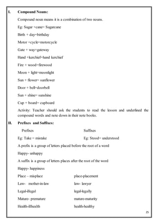 25
I. Compound Nouns:
Compound noun means it is a combination of two nouns.
Eg: Sugar +cane= Sugarcane
Birth + day=birthday
Motor +cycle=motorcycle
Gate + way=gateway
Hand +kerchief=hand kerchief
Fire + wood=firewood
Moon + light=moonlight
Sun + flower= sunflower
Door + bell=doorbell
Sun + shine= sunshine
Cup + board= cupboard
Activity: Teacher should ask the students to read the lesson and underlined the
compound words and note down in their note books.
II. Prefixes and Suffixes:
Prefixes Suffixes
Eg: Take = mistake Eg: Stood= understood
A prefix is a group of letters placed before the root of a word
Happy- unhappy
A suffix is a group of letters places after the root of the word
Happy- happiness
Place – misplace place-placement
Law- mother-in-law law- lawyer
Legal-illegal legal-legally
Mature- premature mature-maturity
Health-illhealth health-healthy
 