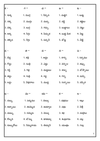 5
క - గ – చ్ – జ – ట -
1. కుకక 1. మొగగ 1. నిచ్ేన 1. మజిిగ 1. బుటట
2. నకక 2. ముగుగ 2. మచ్ే 2. దరీి 2. కటెటలు
3. చ్కక 3. బుగగ 3. గచ్ుే 3. బుజాి యి 3. చ్టుట
4. అకక 4. సగుగ 4. పచ్ుేక 4. బుజిి మేక 4. పటట
5. త్క్ెకడ 5. నిగుగ 5. పచ్ేని 5. బొ జి 5. చిటిట
డ - త్ – ద – న – ప -
1. బిడడ 1. కతిు 1. అదదిం 1. న్ానా 1. సరపము
2. గొడుడ 2. సుతిు 2. ఎదుద 2. వెన్ెాల 2. కపుప
3. గడిడ 3. గిత్ు 3. దుదుద లు 3. కనుా 3. బొ ప్రపయి
4. తడుడ 4. గుతిు 4. గదద 4. గిన్ెా 4. దుపప
5. లడుడ 5. విత్ున్ాలు 5. ముదద 5. సన్ాాయి 5. దపపక
బ - మ – య – ర – ల -
1. డబుు 1. పదమము 1. చ్యిి 1. ఛత్ాము 1. ఇలుే
2. అబాుయి 2. త్తమెమద 2. ఉయాిల 2. చ్కరిం 2. పలిే
3. మబుు 3. సమెమట 3. వెయిి 3. కరర 3. మలెే లు
4. క్ొబురి 4. బొ మమ 4. తాత్యి 4. శుకరవరరిం 4. చ్లే
5. రతబుురోలు 5. నిమమక్రయ 5. తియిని 5. యింత్ాిం 5. గులే
 