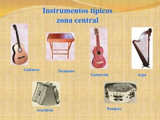 Instrumentos típicos zona centralGuitarraTormentoGuitarrónArpaPanderoAcordeón