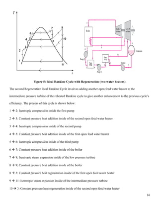 Figure 5: Ideal Rankine Cycle with Regeneration (two water heaters)
The second Regenerative Ideal Rankine Cycle involves adding another open feed water heater to the
intermediate pressure turbine of the reheated Rankine cycle to give another enhancement to the previous cycle’s
efficiency. The process of this cycle is shown below:
1  2: Isentropic compression inside the first pump
2  3: Constant pressure heat addition inside of the second open feed water heater
3  4: Isentropic compression inside of the second pump
4  5: Constant pressure heat addition inside of the first open feed water heater
5  6: Isentropic compression inside of the third pump
6  7: Constant pressure heat addition inside of the boiler
7  8: Isentropic steam expansion inside of the low pressure turbine
8  9: Constant pressure heat addition inside of the boiler
8  5: Constant pressure heat regeneration inside of the first open feed water heater
9  11: Isentropic steam expansion inside of the intermediate pressure turbine
10  3: Constant pressure heat regeneration inside of the second open feed water heater
14
 