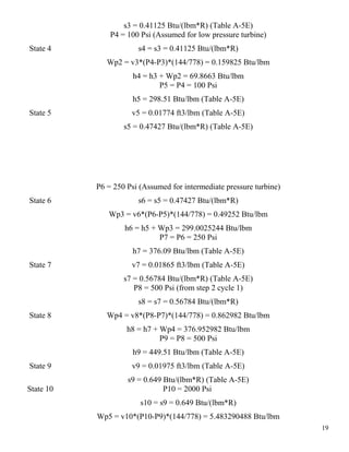 s3 = 0.41125 Btu/(lbm*R) (Table A-5E)
State 4
P4 = 100 Psi (Assumed for low pressure turbine)
s4 = s3 = 0.41125 Btu/(lbm*R)
Wp2 = v3*(P4-P3)*(144/778) = 0.159825 Btu/lbm
h4 = h3 + Wp2 = 69.8663 Btu/lbm
State 5
P5 = P4 = 100 Psi
h5 = 298.51 Btu/lbm (Table A-5E)
v5 = 0.01774 ft3/lbm (Table A-5E)
s5 = 0.47427 Btu/(lbm*R) (Table A-5E)
State 6
P6 = 250 Psi (Assumed for intermediate pressure turbine)
s6 = s5 = 0.47427 Btu/(lbm*R)
Wp3 = v6*(P6-P5)*(144/778) = 0.49252 Btu/lbm
h6 = h5 + Wp3 = 299.0025244 Btu/lbm
State 7
P7 = P6 = 250 Psi
h7 = 376.09 Btu/lbm (Table A-5E)
v7 = 0.01865 ft3/lbm (Table A-5E)
s7 = 0.56784 Btu/(lbm*R) (Table A-5E)
State 8
P8 = 500 Psi (from step 2 cycle 1)
s8 = s7 = 0.56784 Btu/(lbm*R)
Wp4 = v8*(P8-P7)*(144/778) = 0.862982 Btu/lbm
h8 = h7 + Wp4 = 376.952982 Btu/lbm
State 9
P9 = P8 = 500 Psi
h9 = 449.51 Btu/lbm (Table A-5E)
v9 = 0.01975 ft3/lbm (Table A-5E)
s9 = 0.649 Btu/(lbm*R) (Table A-5E)
State 10 P10 = 2000 Psi
s10 = s9 = 0.649 Btu/(lbm*R)
Wp5 = v10*(P10-P9)*(144/778) = 5.483290488 Btu/lbm
19
 