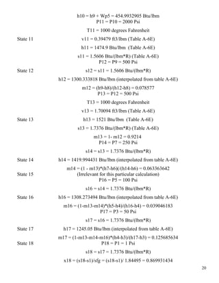 h10 = h9 + Wp5 = 454.9932905 Btu/lbm
State 11
P11 = P10 = 2000 Psi
T11 = 1000 degrees Fahrenheit
v11 = 0.39479 ft3/lbm (Table A-6E)
h11 = 1474.9 Btu/lbm (Table A-6E)
s11 = 1.5606 Btu/(lbm*R) (Table A-6E)
State 12
P12 = P9 = 500 Psi
s12 = s11 = 1.5606 Btu/(lbm*R)
h12 = 1300.333818 Btu/lbm (interpolated from table A-6E)
m12 = (h9-h8)/(h12-h8) = 0.078577
State 13
P13 = P12 = 500 Psi
T13 = 1000 degrees Fahrenheit
v13 = 1.70094 ft3/lbm (Table A-6E)
h13 = 1521 Btu/lbm (Table A-6E)
s13 = 1.7376 Btu/(lbm*R) (Table A-6E)
m13 = 1- m12 = 0.9214
State 14
P14 = P7 = 250 Psi
s14 = s13 = 1.7376 Btu/(lbm*R)
h14 = 1419.994431 Btu/lbm (interpolated from table A-6E)
m14 = (1 - m13)*(h7-h6)(/(h14-h6) = 0.063363642
State 15 (Irrelevant for this particular calculation)
State 16
P16 = P5 = 100 Psi
s16 = s14 = 1.7376 Btu/(lbm*R)
h16 = 1308.273494 Btu/lbm (interpolated from table A-6E)
m16 = (1-m13-m14)*(h5-h4)/(h16-h4) = 0.039046183
State 17
P17 = P3 = 50 Psi
s17 = s16 = 1.7376 Btu/(lbm*R)
h17 = 1245.05 Btu/lbm (interpolated from table A-6E)
m17 = (1-m13-m14-m16)*(h4-h3)/(h17-h3) = 0.125685634
State 18 P18 = P1 = 1 Psi
s18 = s17 = 1.7376 Btu/(lbm*R)
x18 = (s18-s1)/sfg = (s18-s1)/ 1.84495 = 0.869931434
20
 