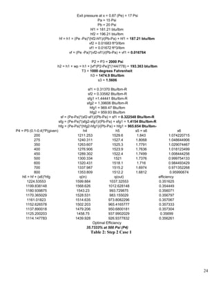 Exit pressure at x = 0.87 (Pe) = 17 Psi
Pa = 15 Psi
Pb = 20 Psi
hf1 = 181.21 btu/lbm
hf2 = 196.21 btu/lbm
hf = h1 = (Pe -Pa)*(hf2-hf1)/(Pb-Pa) + hf1 = 187.21 btu/lbm
vf2 = 0.01683 ft^3/lbm
vf1 = 0.01672 ft^3/lbm
vf = (Pe -Pa)*(vf2-vf1)/(Pb-Pa) + vf1 = 0.016764
P2 = P3 = 2000 Psi
h2 = h1 + wp = h1 + [vf*(P2-Pe)]*(144/778) = 193.363 btu/lbm
T3 = 1000 degrees Fahrenheit
h3 = 1474.9 Btu/lbm
s3 = 1.5606
sf1 = 0.31370 Btu/lbm-R
sf2 = 0.33582 Btu/lbm-R
sfg1 =1.44441 Btu/lbm-R
sfg2 = 1.39606 Btu/lbm-R
hfg1 = 969.47 Btu/lbm
hfg2 = 959.93 Btu/lbm
sf = (Pe-Pa)*(sf2-sf1)/(Pb-Pa) + sf1 = 0.322548 Btu/lbm-R
sfg = (Pe-Pa)*(sfg2-sfg1)/(Pb-Pa) + sfg1 = 1.4154 Btu/lbm-R
hfg = (Pe-Pa)*(hfg2-hfg1)/(Pb-Pa) + hfg1 = 965.654 Btu/lbm-
P4 = P5 (0.1-0.4)*P(given) h4 h5 s5 = s6 x6
200 1211.253 1529.6 1.843 1.074220715
275 1240.311 1527.4 1.8068 1.048644906
350 1263.607 1525.3 1.7791 1.029074467
400 1276.906 1523.9 1.7636 1.018123499
450 1289.302 1522.4 1.7499 1.008444256
500 1300.334 1521 1.7376 0.999754133
600 1320.431 1518.1 1.716 0.984493429
700 1337.987 1515.2 1.6974 0.971352268
800 1353.809 1512.2 1.6812 0.95990674
h6 = hf + (x6)*hfg q(in) q(out) efficiency
1224.53553 1599.884 1037.32553 0.351625
1199.838148 1568.626 1012.628148 0.354449
1180.939875 1543.23 993.729875 0.356071
1170.365029 1528.531 983.155029 0.356797
1161.01823 1514.635 973.8082296 0.357067
1152.626578 1502.203 965.4165777 0.357333
1137.890018 1479.206 950.6800181 0.357304
1125.200203 1458.75 937.9902029 0.35699
1114.147783 1439.928 926.9377832 0.356261
Optimal Efficiency
35.7333% at 500 Psi (P4)
Table 2: Step 2 Case 1
24
 