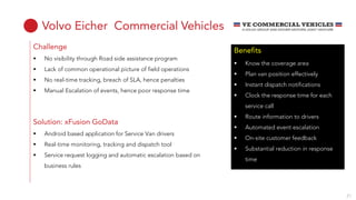 Volvo Eicher Commercial Vehicles
Challenge
No visibility through Road side assistance program
Lack of common operational picture of field operations
No real-time tracking, breach of SLA, hence penalties
Manual Escalation of events, hence poor response time
Solution: xFusion GoData
Android based application for Service Van drivers
Real-time monitoring, tracking and dispatch tool
Service request logging and automatic escalation based on
business rules
Benefits
Know the coverage area
Plan van position effectively
Instant dispatch notifications
Clock the response time for each
service call
Route information to drivers
Automated event escalation
On-site customer feedback
Substantial reduction in response
time
21
 