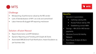 MTS
Challenge
Misreporting of performance values by the MS vendor
Lack of Standardization of KPI ‘s at circle and central level
Labor Intensive & sluggish KPI reporting mechanism
Solution: xFusion Nocout
Report Automation and KPI Validation
Dynamic Reporting and Trending with Graphs & Charts
Automated SMS & Email Fault Notification; Instant Escalation as
per business rules.
Benefits
Deviation in parameters
Call drop rate by 25%
Access Failure rate by 10%
Establishing correct NBH.
Savings ~ 40k US $ in MS Vendor
payments.
Absolute Control & Visibility
Network
Root Cause Analysis & Alarm
Correlation.
25
 