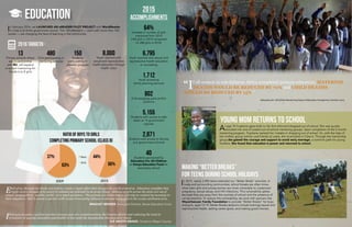 Education 2015
Accomplishments
In February 2016, we LAUNCHED AN eREADER PILOT PROJECT with WorldReader
in Class 6 at three government school. The 150 eReaders — each with more than 100
books — are changing the face of learning in the community.
Making “better Breaks”
for Teens During School Holidays
In 2015, nearly 2,000 teens attended our “Better Break” activities. In
Lwala and surrounding communities, school breaks are often times
when teen girls and young women are more vulnerable to unplanned
pregnancy, sexual abuse, and HIV infections. This vulnerability spikes
because they are away from the routines of school and the presence of
caring teachers. To reduce this vulnerability, we work with partners like
Weyerhaeuser Family Foundation to provide “Better Breaks” for boys
and girls, ages 13-19. Better Breaks sessions include trainings sexual and
reproductive health, setting career goals, and making good choices.
Each of us, through our deeds and actions, create a ripple effect that changes the world around us. Education amplifies that
ripple 1000 x because of its power to unleash our potential to do great things. Millions of girls across the globe are out of
school, denying them - and the world - of so much greatness. The promise of a better future will only be realized by investing in
their education. KEF is proud to partner with Lwala Community Alliance to educate many girls in the Lwala catchment area.
BRADLEY BRODER, Executive Director, Kenya Education Fund
Ifind you (Lwala) a perfect partner because you are complementing the County efforts and reducing the load in
provision of quality education and health in line with the Sustainable Development Goals.
H.E OKOTH OBADO, Governor Migori County
64%
Increase in number of girls
mentored from 2014
(183 girls in 2014 compared
to 288 girls in 2015)
6,795
Youth reached with sexual and
reproductive health education
or counseling
1,712Youth accessing
family planning services
802
Girls receiving pads and/or
uniforms
5,155
Students with access to safe
water at 13 government
schools
2,871
Students with access to latrines
at 6 government schools
40
Students sponsored by
Education For All Children
or Kenya Education Fund for
secondary school
“If all women in sub-Saharan Africa completed primary education, MATERNAL
DEATHS WOULD BE REDUCED BY 70% and CHILD DEATHS
WOULD BE REDUCED BY 15%.”
Education for All Global Monitoring Report Education Transforms, October 2013
At age 14 Truphene gave birth to her first child and dropped out of school. She was quickly
recruited into one of Lwala’s out-of-school mentoring groups. Upon completion of the 5-month
mentoring program, Truphene realized her mistake in dropping out of school. So, with the help of
her mother, group mentor, and friends at Lwala, she re-enrolled in Class 6. Through the mentorship
group she gained the courage and support to avoid early marriage, a common path for young
mothers. She found that education is power and returned to school.
Young Mom returns to school
13
Primary schools where
we, in partnership
with BD, will expand
in-school mentoring for
Grade 6 to 8 girls
480
Girls participating in
mentoring services
150
Students
participating in
eReader program
8,000
Youth reached with
sexual and reproductive
health education through
health clubs
2015
2015	
Boys	
Girls	
2009	
Boys
Girls
2015	
Boys	
Girls	
37%
Ratio of Boys to Girls
Completing Primary School (Class 8)
63%
44%
56%
2009
2016 Targets
 