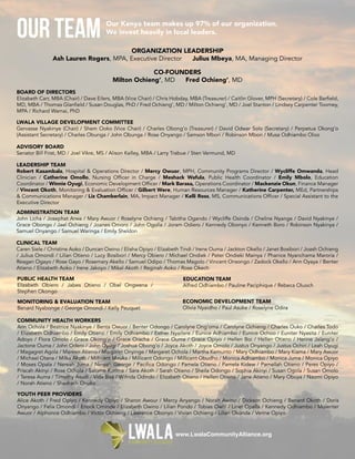 LEADERSHIP TEAM
Robert Kasambala, Hospital & Operations Director / Mercy Owuor, MPH, Community Programs Director / Wycliffe Omwanda, Head
Clinician / Catherine Omollo, Nursing Officer in Charge / Meshack Wafula, Public Health Coordinator / Emily Mbolo, Education
Coordinator / Winnie Oyugi, Economic Development Officer / Mark Barasa, Operations Coordinator / Mackenzie Okun, Finance Manager
/ Vincent Okoth, Monitoring & Evaluation Officer / Gilbert Were, Human Resources Manager / Katherine Carpenter, MEd, Partnerships
& Communications Manager / Liz Chamberlain, MA, Impact Manager / Kelli Ross, MS, Communications Officer / Special Assistant to the
Executive Director
BOARD OF DIRECTORS
Elizabeth Carr, MBA (Chair) / Dave Eilers, MBA (Vice Chair) / Chris Hobday, MBA (Treasurer) / Caitlin Glover, MPH (Secretary) / Cole Barfield,
MD, MBA / Thomas Glanfield / Susan Douglas, PhD / Fred Ochieng’, MD / Milton Ochieng’, MD / Joel Stanton / Lindsey Carpenter Toomey,
MPA / Richard Wamai, PhD
ADVISORY BOARD
Senator Bill Frist, MD / Joel Vikre, MS / Alison Kelley, MBA / Larry Trabue / Sten Vermund, MD
LWALA VILLAGE DEVELOPMENT COMMITTEE
Gervasse Nyakinye (Chair) / Shem Ooko (Vice Chair) / Charles Obong’o (Treasurer) / David Odwar Solo (Secretary) / Perpetua Okong’o
(Assistant Secretary) / Charles Obunga / John Obunga / Rose Onyango / Samson Mbori / Robinson Mbori / Musa Odhiambo Oloo
Our Team Our Kenya team makes up 97% of our organization.
We invest heavily in local leaders.
www.LwalaCommunityAlliance.org
ADMINISTRATION TEAM
John Licha / Josephat Arwa / Mary Awuor / Roselyne Ochieng / Tabitha Ogando / Wycliffe Osinda / Cheline Nyange / David Nyakinye /
Grace Obongo / Jael Ochieng / Joanes Omoro / John Ogolla / Joram Odiero / Kennedy Obonyo / Kenneth Boro / Robinson Nyakinya /
Samuel Onyango / Samuel Waringa / Emily Sheldon
ORGANIZATION LEADERSHIP
Ash Lauren Rogers, MPA, Executive Director Julius Mbeya, MA, Managing Director
CLINICAL TEAM
Caren Siele / Christine Aoko / Duncan Owino / Elisha Opiyo / Elizabeth Tindi / Irene Ouma / Jackton Okello / Janet Bosibori / Joash Ochieng
/ Julius Omondi / Lilian Otieno / Lucy Bosibori / Mercy Obiero / Michael Ondiek / Peter Ondieki Mainya / Phanice Nyanchama Maroria /
Reagan Ogayo / Rose Gayo / Rosemary Akello / Samuel Odipo / Thomas Magolo / Vincent Onsongo / Zadock Okello / Ann Oyaya / Benter
Atieno / Elizabeth Aoko / Irene Jakoyo / Mikal Akoth / Reginah Aoko / Rose Okech
ECONOMIC DEVELOPMENT TEAM
Olivia Nyaidho / Paul Asuke / Roselyne Odira
MONITORING & EVALUATION TEAM
Benard Nyabonge / George Omondi / Kelly Peuquet
YOUTH PEER PROVIDERS
Alice Akoth / Fred Opiyo / Kennedy Opiyo / Sharon Awour / Mercy Anyango / Norah Awino / Dickson Ochieng / Benard Okoth / Doris
Onyango / Felix Omondi / Enock Ominde / Elizabeth Owino / Lilian Pondo / Tobias Owiti / Linet Opalla / Kennedy Odhiambo / Molenter
Awuor / Alphonce Odhiambo / Victor Ochieng / Lawrence Obonyo / Vivian Ochieng / Lilian Okonda / Verine Opiyo
COMMUNITY HEALTH WORKERS
Ann Ochola / Beatrice Nyakinye / Benta Owuor / Benter Odongo / Carolyne Ong’oma / Carolyne Ochieng / Charles Ouko / Charles Todo
/ Elizabeth Odhiambo / Emily Otieno / Emily Odhiambo / Esther Nyarlere / Eunice Adhiambo / Eunice Ochoo / Euniter Nyasita / Euniter
Adoyo / Flora Omolo / Grace Okong’o / Grace Oracha / Grace Ouma / Grace Opiyo / Hellen Boi / Hellen Otieno / Herine Jalang’o /
Jactone Ouma / John Odero / John Oyugi / Joshua Obong’o / Joyce Akoth / Joyce Omolo / Justus Onyango / Justus Ochiri / Leah Oyugi
/ Magagret Agola / Mareen Atieno / Margaret Onyinge / Margaret Ochola / Martha Kemunto / Mary Odhiambo / Mary Kiama / Mary Awuor
/ Michael Otana / Milka Akoth / Millicent Miruka / Millicent Odongo / Millicent Obudho / Monica Adhiambo / Monica Juma / Monica Opiyo
/ Moses Opala / Nereah Juma / Nereah George / Pacifica Odongo / Pamela Otieno / Pamela Kidew / Pamellah Otieno / Peres Opiyo /
Priscah Akinyi / Rose Ochola / Salome Korima / Sara Akoth / Sarah Otieno / Sheila Odongo / Sophia Akinyi / Susan Ogola / Susan Omolo
/ Teresa Auma / Timothy Asudi / Vida Bita / Wifrida Odindo / Elizabeth Otieno / Hellen Otieno / Jane Atieno / Mary Obuya / Naomi Opiyo
/ Norah Atieno / Shadrach Onuko
EDUCATION TEAM
Alfred Odhiambo / Pauline Paciphique / Rebeca Oluoch
PUBLIC HEALTH TEAM
Elizabeth Obiero / Jabes Otieno / Obel Ongwena /
Stephen Okongo
CO-FOUNDERS
Milton Ochieng’, MD Fred Ochieng’, MD
 