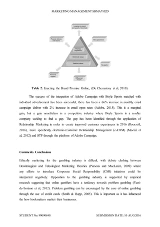 MARKETING MANAGEMENT SBMA7102D
STUDENT No: 99090690 SUBMISSION DATE:10 AUG2016
Table 2: Enacting the Brand Promise Online, (De Chernatony et al, 2010).
The success of the integration of Adobe Campaign with Boyle Sports matched with
individual advertisement has been successful, there has been a 66% increase in monthly email
campaign deliver with 2% increase in email open rates (Adobe, 2015). This is a marginal
gain, but a gain nonetheless in a competitive industry where Boyle Sports is a smaller
company seeking to find a gap. The gap has been identified through the application of
Relationship Marketing in order to create improved customer experiences in 2016 (Roocroft,
2016), more specifically electronic-Customer Relationship Management (e-CRM) (Moezzi et
al, 2012) and STP through the platform of Adobe Campaign.
Comments Conclusions
Ethically marketing for the gambling industry is difficult, with debate clashing between
Deontological and Teleological Marketing Theories (Parsons and MacLaren, 2009) where
any efforts to introduce Corporate Social Responsibility (CSR) initiatives could be
interpreted negatively. Opposition to the gambling industry is supported by empirical
research suggesting that online gamblers have a tendency towards problem gambling (Yani-
de-Soriano et al, 2012). Problem gambling can be encouraged by the ease of online gambling
through the use of credit cards (Smith & Rupp, 2005). This is important as it has influenced
the how bookmakers market their businesses.
 