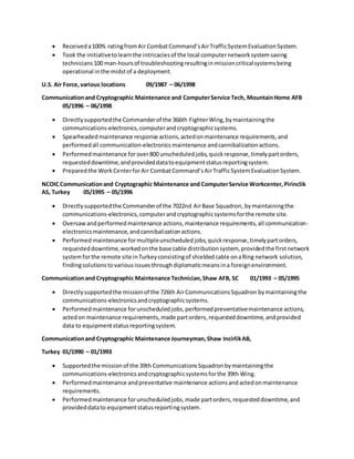  Receiveda100% ratingfromAir CombatCommand’sAirTrafficSystemEvaluationSystem.
 Took the initiativetolearnthe intricaciesof the local computernetworksystemsaving
technicians100 man-hoursof troubleshootingresultinginmissioncriticalsystemsbeing
operational inthe midstof a deployment.
U.S. Air Force,various locations 09/1987 – 06/1998
Communicationand Cryptographic Maintenance and ComputerService Tech, MountainHome AFB
05/1996 – 06/1998
 Directlysupportedthe Commanderof the 366th FighterWing,bymaintainingthe
communications-electronics,computerandcryptographicsystems.
 Spearheadedmaintenance response actions,actedonmaintenance requirements,and
performedall communication-electronicsmaintenance andcannibalizationactions.
 Performedmaintenance forover800 unscheduledjobs,quickresponse,timelypartorders,
requesteddowntime,andprovideddatatoequipmentstatusreportingsystem.
 Preparedthe WorkCenterforAir CombatCommand’sAirTrafficSystemEvaluationSystem.
NCOICCommunicationand Cryptographic Maintenance and ComputerService Workcenter,Pirinclik
AS, Turkey 05/1995 – 05/1996
 Directlysupportedthe Commanderof the 7022nd AirBase Squadron, bymaintainingthe
communications-electronics,computerandcryptographicsystemsforthe remote site.
 Oversawandperformedmaintenance actions,maintenance requirements,all communication-
electronicsmaintenance,andcannibalizationactions.
 Performed maintenance formultipleunscheduledjobs,quickresponse,timelypartorders,
requesteddowntime,workedonthe base cable distributionsystem, providedthe firstnetwork
systemforthe remote site inTurkeyconsistingof shieldedcable onaRing network solution,
findingsolutionstovariousissuesthroughdiplomaticmeansina foreignenvironment.
Communicationand Cryptographic Maintenance Technician,Shaw AFB, SC 01/1993 – 05/1995
 Directlysupportedthe missionof the 726th AirCommunicationsSquadron bymaintainingthe
communications-electronicsandcryptographicsystems.
 Performedmaintenance forunscheduledjobs,performedpreventativemaintenance actions,
actedon maintenance requirements,made partorders,requesteddowntime,andprovided
data to equipmentstatusreportingsystem.
Communicationand Cryptographic Maintenance Journeyman,Shaw IncirlikAB,
Turkey 01/1990 – 01/1993
 Supportedthe missionof the 39th CommunicationsSquadronbymaintainingthe
communications-electronicsandcryptographicsystemsforthe 39th Wing.
 Performedmaintenance andpreventative maintenance actionsandactedonmaintenance
requirements.
 Performedmaintenance forunscheduledjobs,made partorders,requesteddowntime,and
provideddatato equipmentstatusreportingsystem.
 