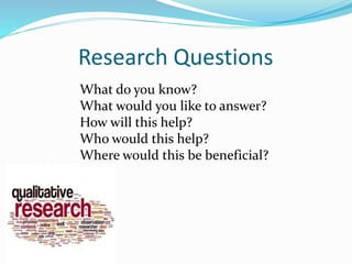 Research Questions
What do you know?
What would you like to answer?
How will this help?
Who would this help?
Where would this be beneficial?
 