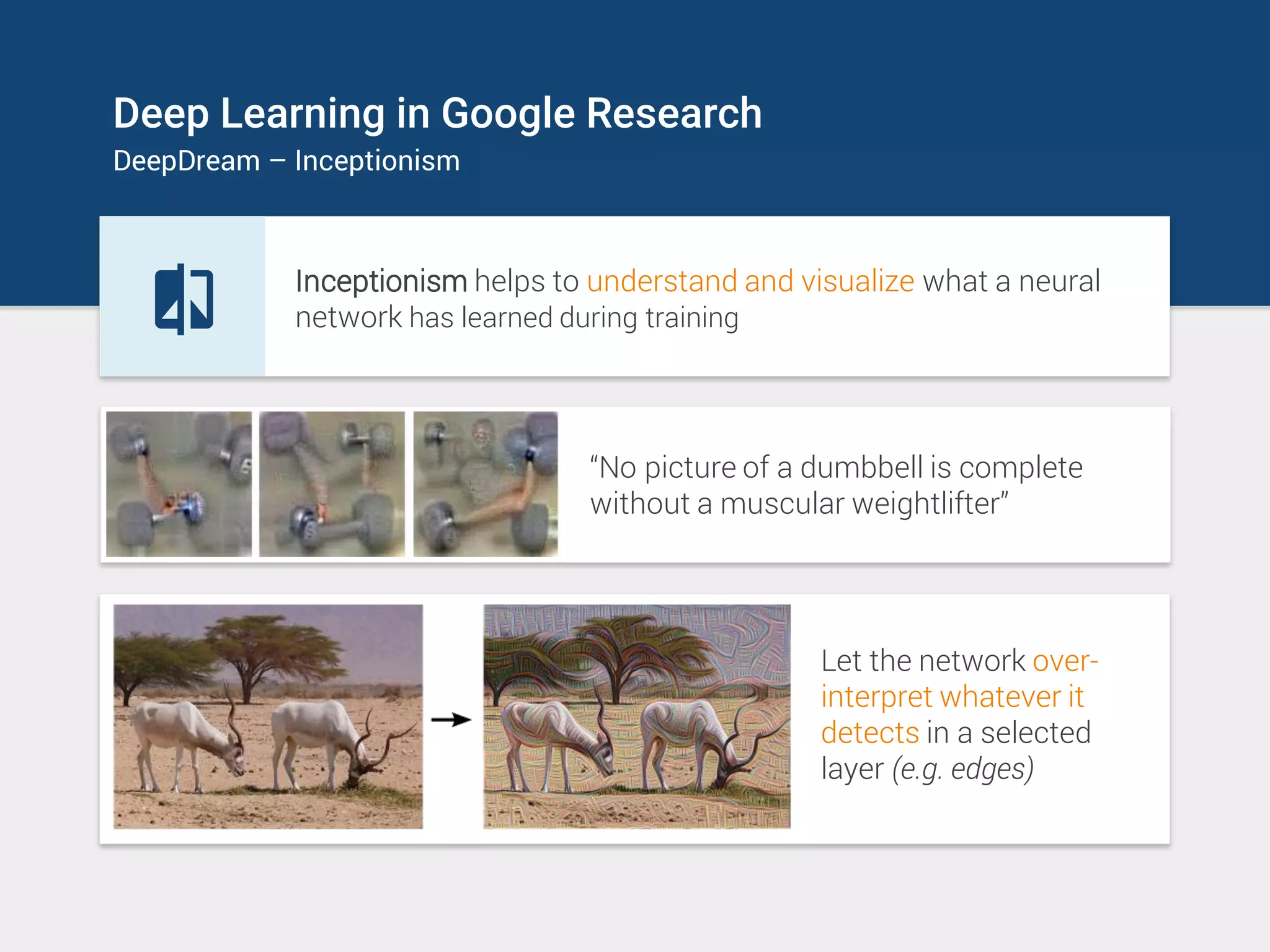 Deep Learning in Google Research
DeepDream – Inceptionism
Inceptionism helps to understand and visualize what a neural
network has learned during training
“No picture of a dumbbell is complete
without a muscular weightlifter”
Let the network over-
interpret whatever it
detects in a selected
layer (e.g. edges)
 