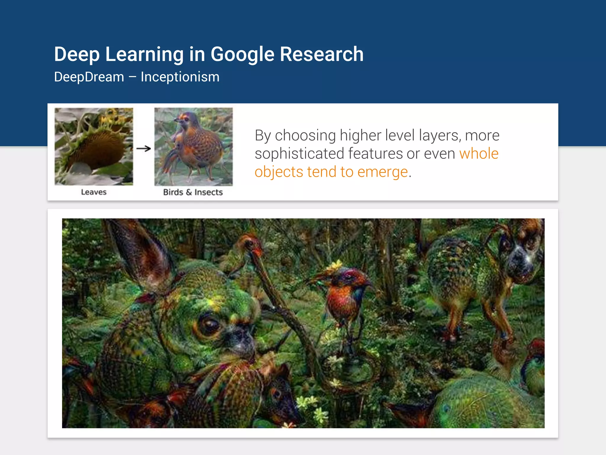 Deep Learning in Google Research
DeepDream – Inceptionism
By choosing higher level layers, more
sophisticated features or even whole
objects tend to emerge.
 