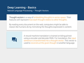 Deep Learning - Basics
Natural Language Processing – Thought Vectors
Thought vectors is a way of embedding thoughts in vec...