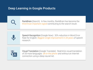 Deep Learning in Google Products
RankBrain (Search): In few months, RankBrain has become the
third-most important signal c...