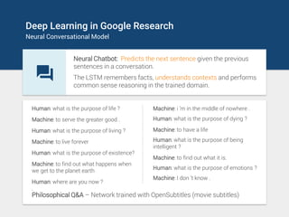 Deep Learning in Google Research
Neural Conversational Model
Neural Chatbot: Predicts the next sentence given the previous...