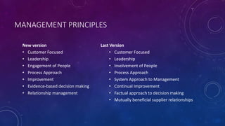 MANAGEMENT PRINCIPLES
New version
? Customer Focused
? Leadership
? Engagement of People
? Process Approach
? Improvement
? Evidence-based decision making
? Relationship management
Last Version
? Customer Focused
? Leadership
? Involvement of People
? Process Approach
? System Approach to Management
? Continual Improvement
? Factual approach to decision making
? Mutually beneficial supplier relationships
 