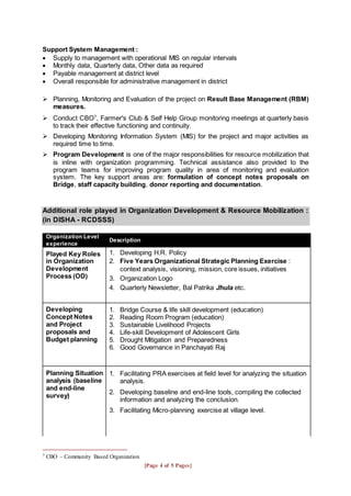 [Page 4 of 5 Pages]
Support System Management :
 Supply to management with operational MIS on regular intervals
 Monthly data, Quarterly data, Other data as required
 Payable management at district level
 Overall responsible for administrative management in district
 Planning, Monitoring and Evaluation of the project on Result Base Management (RBM)
measures.
 Conduct CBO7
, Farmer's Club & Self Help Group monitoring meetings at quarterly basis
to track their effective functioning and continuity.
 Developing Monitoring Information System (MIS) for the project and major activities as
required time to time.
 Program Development is one of the major responsibilities for resource mobilization that
is inline with organization programming. Technical assistance also provided to the
program teams for improving program quality in area of monitoring and evaluation
system. The key support areas are: formulation of concept notes proposals on
Bridge, staff capacity building, donor reporting and documentation.
Additional role played in Organization Development & Resource Mobilization :
(in DISHA - RCDSSS)
Organization Level
experience
Description
Played Key Roles
in Organization
Development
Process (OD)
1. Developing H.R. Policy
2. Five Years Organizational Strategic Planning Exercise :
context analysis, visioning, mission, core issues, initiatives
3. Organization Logo
4. Quarterly Newsletter, Bal Patrika Jhula etc.
Developing
Concept Notes
and Project
proposals and
Budget planning
1. Bridge Course & life skill development (education)
2. Reading Room Program (education)
3. Sustainable Livelihood Projects
4. Life-skill Development of Adolescent Girls
5. Drought Mitigation and Preparedness
6. Good Governance in Panchayati Raj
Planning Situation
analysis (baseline
and end-line
survey)
1. Facilitating PRA exercises at field level for analyzing the situation
analysis.
2. Developing baseline and end-line tools, compiling the collected
information and analyzing the conclusion.
3. Facilitating Micro-planning exercise at village level.
7 CBO – Community Based Organization
 