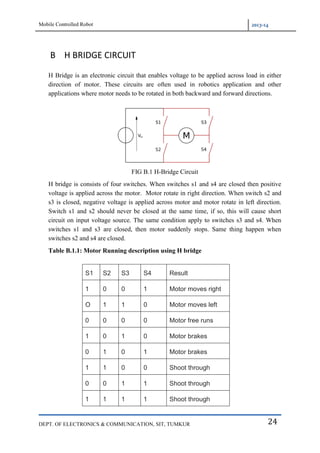 Mobile Controlled Robot 2013-14
DEPT. OF ELECTRONICS & COMMUNICATION, SIT, TUMKUR 24
B H BRIDGE CIRCUIT
H Bridge is an electronic circuit that enables voltage to be applied across load in either
direction of motor. These circuits are often used in robotics application and other
applications where motor needs to be rotated in both backward and forward directions.
FIG B.1 H-Bridge Circuit
H bridge is consists of four switches. When switches s1 and s4 are closed then positive
voltage is applied across the motor. Motor rotate in right direction. When switch s2 and
s3 is closed, negative voltage is applied across motor and motor rotate in left direction.
Switch s1 and s2 should never be closed at the same time, if so, this will cause short
circuit on input voltage source. The same condition apply to switches s3 and s4. When
switches s1 and s3 are closed, then motor suddenly stops. Same thing happen when
switches s2 and s4 are closed.
Table B.1.1: Motor Running description using H bridge
S1 S2 S3 S4 Result
1 0 0 1 Motor moves right
O 1 1 0 Motor moves left
0 0 0 0 Motor free runs
1 0 1 0 Motor brakes
0 1 0 1 Motor brakes
1 1 0 0 Shoot through
0 0 1 1 Shoot through
1 1 1 1 Shoot through
 