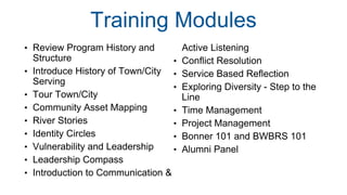 Training Modules
• Review Program History and
Structure
• Introduce History of Town/City
Serving
• Tour Town/City
• Community Asset Mapping
• River Stories
• Identity Circles
• Vulnerability and Leadership
• Leadership Compass
• Introduction to Communication &
Active Listening
• Conflict Resolution
• Service Based Reflection
• Exploring Diversity - Step to the
Line
• Time Management
• Project Management
• Bonner 101 and BWBRS 101
• Alumni Panel
 