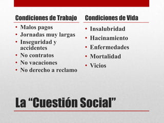 Condiciones de Trabajo   Condiciones de Vida
• Malos pagos            •   Insalubridad
• Jornadas muy largas
                         •   Hacinamiento
• Inseguridad y
  accidentes             •   Enfermedades
• No contratos           •   Mortalidad
• No vacaciones          •   Vicios
• No derecho a reclamo




La “Cuestión Social”
 