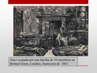 Ático ocupado por una familia de 10 miembros en
Bethnal Green, Londres, ilustración de 1863
 