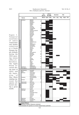 Southeastern Naturalist
725
M.A. Schlueter and N.G. Stewart
2015 Vol. 14, No. 4
Figure 1.
Te m p o r a l
occurrence
of native
Andrenidae
and Apidae
c o l l e c t e d
at 4 North
Georgia Ap-
ple orchards
during the
2010 grow-
ing season
( M a r c h –
O c t o b e r ) .
The Apple
bloom oc-
curred dur-
ing most of
April and
the begin-
n i n g o f
May. Black
shading rep-
resent bee
species col-
lected dur-
ing a given
month.
 