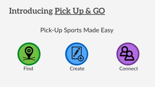 Pick-­‐Up  Sports  Made  Easy
Introducing Pick Up & GO
Find Create Connect
 