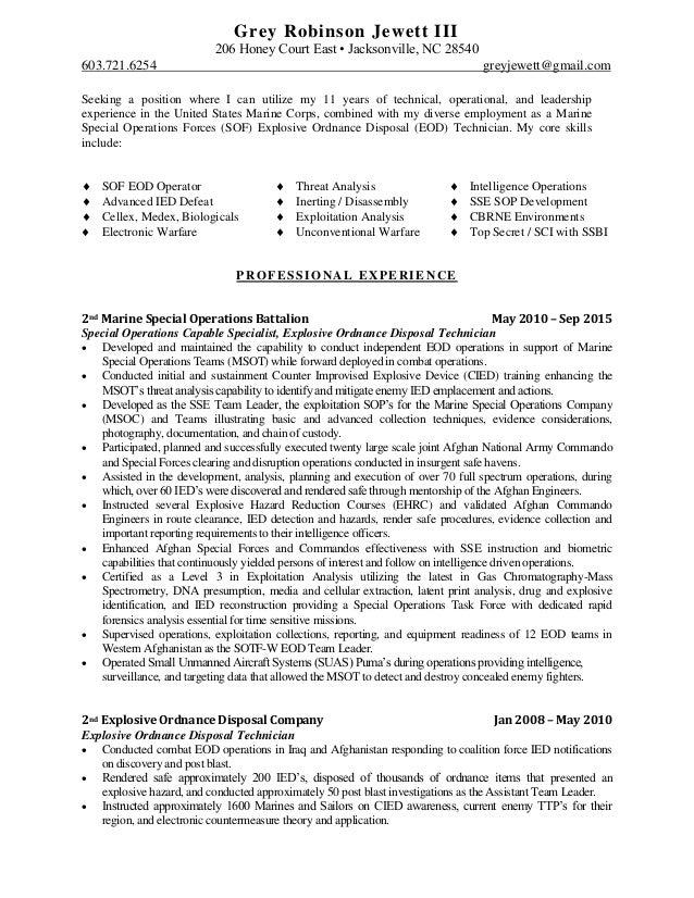 09 02 2015 grey jewett sof eod resume marine corps explosive ordnance disposal