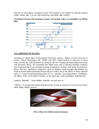 29
intervals for the purpose of quality control. This method is not suitable for making constant
routine checks since it is very time-consuming and entails high costs[8].
Correlation between the hydrogen content and density index in unmodified Al Si9Mg
alloy
2.3.3 ADDITION OF FLUXES:
Accoding to United State, Environmental Protection Agency, "Report on the Corrosion of
certain Alloys",Washington, DC. 20460, July 2001, which worked on reduction in metal
losses and the the oxide formation in casting by the use of proper pouring temperature along
with protective fluxes. We concluded that Metal losses and of alloying elements oxidation
were decreased due to use of proper pouring temperature of alloys with using the protective
fluxes. The best mechanical properties such as ultimate tensile strength and hardness are
found in treated nickel aluminium bronze alloys (T-AB2), due to the effects of fluxes material
such as ( Logas 50 and deoxidizing tubes E3 ) to minimize the casting defects. In addation,
the effects of rise of (Ni and Fe) contents on the improving on the mechanical properties[15].
Auxiliary Materials: - Some additive materials are used such as;
Albral 2:- A calcium and sodium fluoride powder is used as a protective cover for the molten
metal during melting process.
FIG 6: Fluxes for efficent metal treatment
 