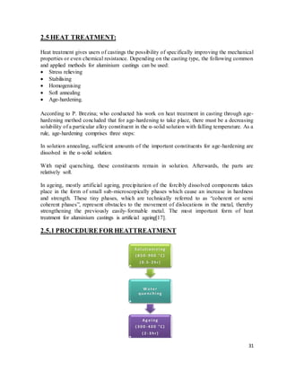 31
2.5 HEAT TREATMENT:
Heat treatment gives users of castings the possibility of specifically improving the mechanical
properties or even chemical resistance. Depending on the casting type, the following common
and applied methods for aluminium castings can be used:
 Stress relieving
 Stabilising
 Homogenising
 Soft annealing
 Age-hardening.
According to P. Brezina; who conducted his work on heat treatment in casting through age-
hardening method concluded that for age-hardening to take place, there must be a decreasing
solubility of a particular alloy constituent in the α-solid solution with falling temperature. As a
rule, age-hardening comprises three steps:
In solution annealing, sufficient amounts of the important constituents for age-hardening are
dissolved in the α-solid solution.
With rapid quenching, these constituents remain in solution. Afterwards, the parts are
relatively soft.
In ageing, mostly artificial ageing, precipitation of the forcibly dissolved components takes
place in the form of small sub-microscopically phases which cause an increase in hardness
and strength. These tiny phases, which are technically referred to as “coherent or semi
coherent phases”, represent obstacles to the movement of dislocations in the metal, thereby
strengthening the previously easily-formable metal. The most important form of heat
treatment for aluminium castings is artificial ageing[17].
2.5.1 PROCEDUREFOR HEATTREATMENT
S ol ut i oni z i ng
( 8 5 0 - 9 0 0 ° C)
( 0 .5 - 2 hr)
W a t e r
que nc hi ng
Ag e i ng
( 3 0 0 - 4 0 0 ° C)
( 2 - 3 hr)
 